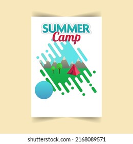 Summer Camp Flyer Design With Rounded Lines Effect Tent, Mountain And Nature View Against White Background.