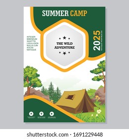 Summer Camp Flyer And Poster Template, With Green And Yellow  Modern Layout And Beautiful Nature Camp Site Illustration