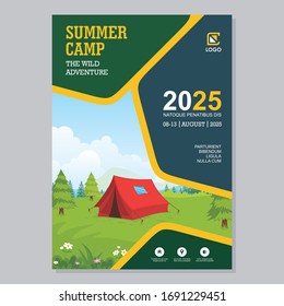Summer Camp Flyer and Poster Template, with green and yellow  modern layout and beautiful nature camp site illustration