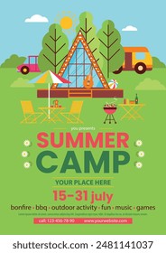 Summer camp flyer template with sunny landscape, house, food and relaxation zone, barbecue zone, car and van. Nice cozy place for relaxation and entertainment with bungalows and sitting area. 