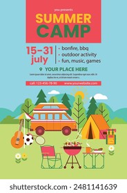 Summer camp flyer template with sunny landscape, tent, van, bbq grill, folding chair and table, guitar, ball. Beautiful cozy nature place for relaxation and fun. Background, poster