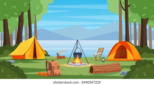 Sommercamp im Wald mit Lagerfeuer, Zelt, Rucksack und Laterne, Cartoonlandschaft mit Berg, Wald und Campingplatz. Ausrüstung für Reisen, Wandern. Vektor-Illustration im flachen Stil