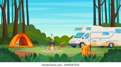 Summer camp in forest with bonfire, tent, van,backpack. cartoon landscape , forest and campsite. Equipment for travel. Vector illustration in flat style