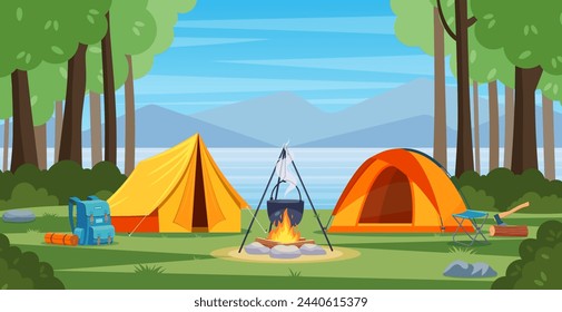 Sommercamp im Wald mit Lagerfeuer, Zelt, Rucksack, Cartoonlandschaft mit Berg, Wald und Campingplatz. Ausrüstung für Reisen, Wandern. Vektor-Illustration im flachen Stil