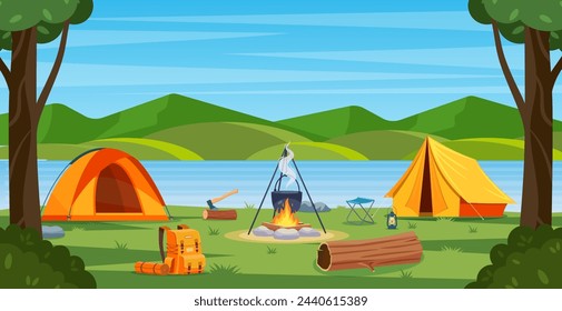 Sommercamp im Wald mit Lagerfeuer, Zelt, Rucksack und Laterne, Cartoonlandschaft mit Berg, Wald und Campingplatz. Ausrüstung für Reisen, Wandern. Vektor-Illustration im flachen Stil