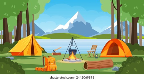 Summer camp in forest with bonfire, tent, backpack and lantern. cartoon landscape with mountain, forest and campsite. Equipment for travel, hiking. Vector illustration in flat style