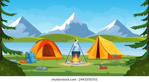 Summer camp in forest with bonfire, tent, backpack. cartoon landscape with mountain, forest and campsite. Equipment for travel, hiking. Vector illustration in flat style