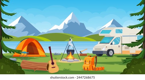 Summer camp in forest with bonfire, tent, van,backpack and lantern. cartoon landscape with mountain, forest and campsite. Equipment for travel, hiking. Vector illustration in flat style