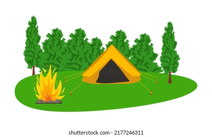 Summer camp in the forest with a fire and a tent. Vector cartoon landscape with camping, trees and fire. Equipment for travel, hiking and outdoor activities. Vector illustration