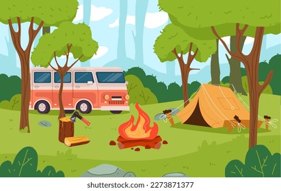 Summer camp forest picnic on nature concept. Vector graphic design element illustration