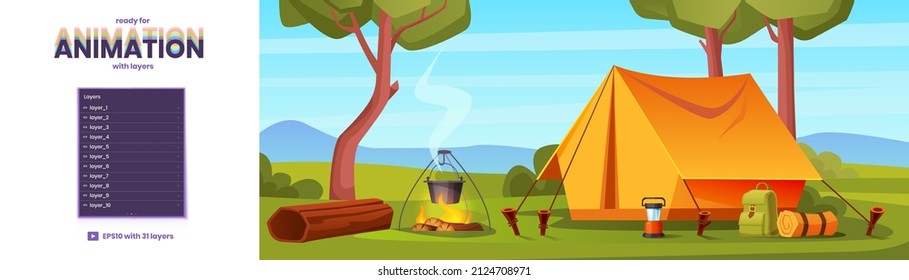 Summer camp in forest with tent and bonfire. Vector parallax background ready for 2d animation with cartoon illustration of landscape with trees, green grass, log and campsite with backpack