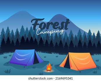 Campo de verano en el bosque. Dos carpas con una fogata. Adecuado para antecedentes, banner, afiche y otros