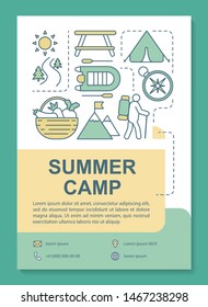 Summer camp, forset trekking vacation brochure template layout. Flyer, booklet, leaflet print design with linear illustrations. Vector page layouts for magazines, annual reports, advertising posters