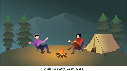 summer camp and friends chatting neat the campfire vector illustration, night camp in the forest website background