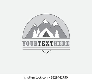 Summer camp graphic logo template. Camp vectorgraphic logo emblem. Vector graphic logo for summer camp. Summer camp logo with mountain, pine, tent icon illustration. Mountain, tent, pine symbol.