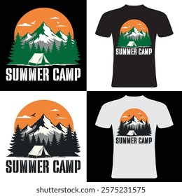 Summer Camp Graphic T-shirt Design for Camping Enthusiasts. This graphic design showcases a vibrant, vintage-inspired summer camp theme, perfect for apparel.