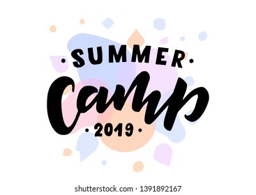 Summer camp hand drawn lettering. Template for logo, banner, poster, flyer, greeting card, web design, print design. Vector illustration.