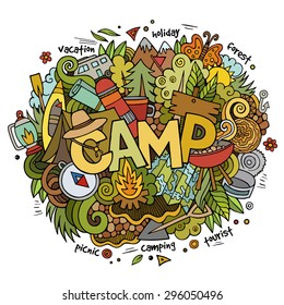 Summer camp hand lettering and doodles elements and symbols background. Vector hand drawn sketchy illustration