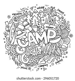Summer camp hand lettering and doodles elements and symbols background. Vector hand drawn sketchy illustration