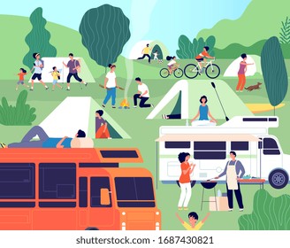 Summer camp. Happy diverse people camping on nature. Group friends with kids, trailers and bbq outdoor vacation. Tourism vector illustration