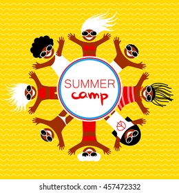 Summer camp. Happy kids in bathing suits, sunglasses, swimming trunks sunbathing on the sea beach.. Vector illustration.