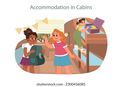 Summer camp. Happy kids enjoying holidays together in the rural area. Little girls accommodating in cabins with bunk beds. Childhood adventure. Flat vector illustration