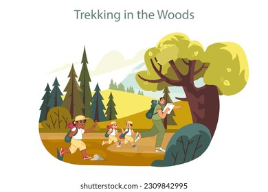 Summer camp. Happy kids enjoying holidays together in the rural area. Trekking in the woods with a scoutmaster, learning new things and exploring nature. Childhood adventure. Flat vector illustration