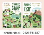 Summer camp, holiday hiking, posters designs. Outdoor adventure, trips, advertising cards, promotion banners templates. Campsite, backpacking and nature travel backgrounds. Flat vector illustrations