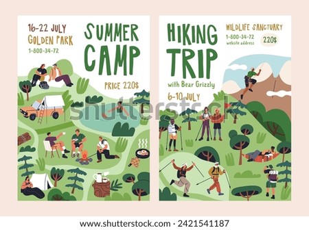 Summer camp, holiday hiking, posters designs. Outdoor adventure, trips, advertising cards, promotion banners templates. Campsite, backpacking and nature travel backgrounds. Flat vector illustrations