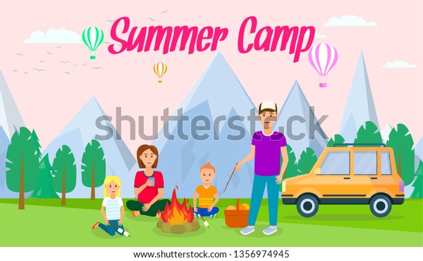 Summer Camp Horizontal Flat Banner with
Lettering. Holiday on Nature Cartoon Illustration. Family Vacation
Flat Drawing. Cartoon Characters Frying Marshmallows in Park.
Hiking, Trekking
