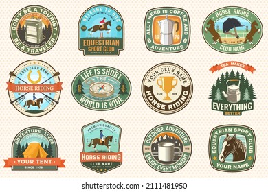 Summer camp and horse riding club patches. Vector illustration. Camping and horse riding club color sticker, logo with camping equipment and horse rider silhouettes.