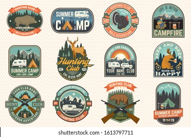 Summer camp and Hunting club patches. Vector. Concept for shirt or logo, print, stamp, patch or tee. Patch design with rv trailer, camping tent, campfire, hunter, man with guitar and forest silhouette