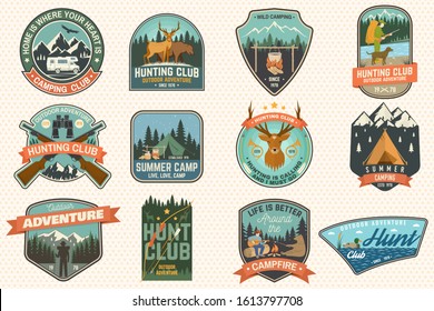 Summer camp and Hunting club patches.Vector. Concept for shirt or logo, print, stamp, patch. Patch design with rv trailer, camping tent, campfire, hunter, man with guitar, forest silhouette