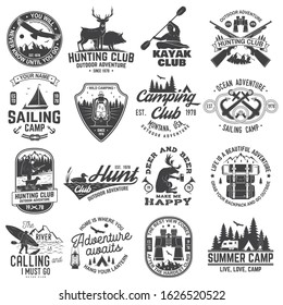 Summer camp, hunting club, sailing camp, yacht club, canoe and kayak club badges. Vector. Concept for shirt or logo, print, stamp, patch. Design with camper, kayaker, hunter, sailing camp silhouette