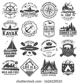 Summer camp, hunting club, sailing camp, yacht club, canoe and kayak club badges. Vector. Concept for shirt or logo, print, stamp, patch. Design with camper, kayaker, hunter, sailing camp silhouette