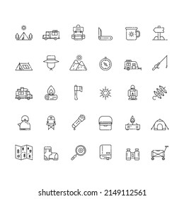 Juego de iconos del campamento de verano. Icono de contorno del campamento de verano. Ilustración vectorial.