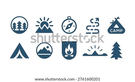 Summer Camp Icons Collection – Tent, Compass, Camp Badge, Mountain and Nature Vector