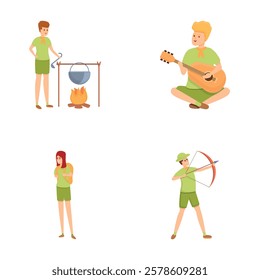 Summer camp icons set cartoon vector. Children outdoor scout summer activity. Leisure, hobby