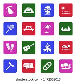 Summer Camp Icons. White Flat Design In Square. Vector Illustration.