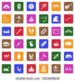 Summer Camp Icons. White Flat Collection In Square. Vector Illustration.