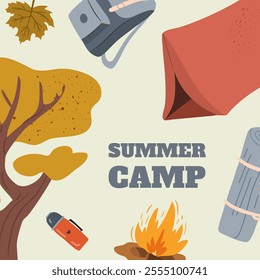 Summer camp ig post template. Square promotional flyer for kids recreation camping design. Cute flat hand drawn illustration
