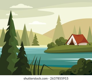 Summer camp illustration. Camping tent among fir trees and lake. Camping in nature, picnic, traveling, hiking