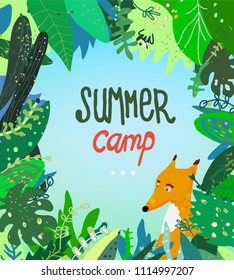 Summer camp illustration with nature background and fox, vector graphic