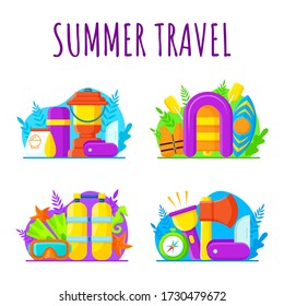 Summer camp illustration. Summer travel illustration. Set of summer activities icons. Vector illustration