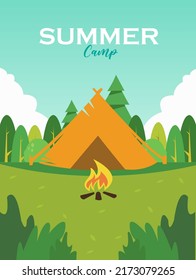 Vector de ilustraciones del campamento de verano. Ilustración vectorial de camping con fogata.