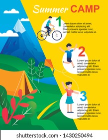 Summer Camp Infographic with Actions List for Kid. Rules, Schedule, Opportunities for Children. Summer Vacation and Rest. Funs and Activities. Vector Flat Illustration. Cartoon Tent on Mountain Valley