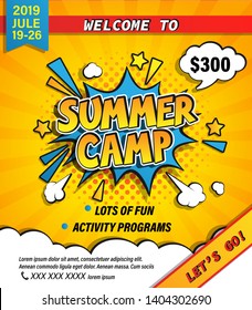 Summer camp invitation banner with handdrawn lettering in comic speech bubble on halftone background. Let's go camping and travelling on holiday. Template for posters, flyers. Vector illustration.