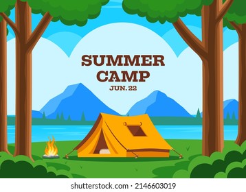 Summer Camp Invitation Card With Flat Vector Camping Landscape. Camping Scenery Design Template. Tent, Bonfire, Trees, River And Mountains.