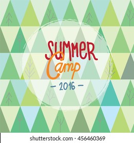Summer camp for kids background with trees and mountains abstract pattern. Vector illustration.