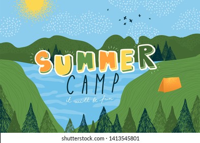 Summer Camp for kids creative vector illustration of landscape natural background \ poster \ banner. 